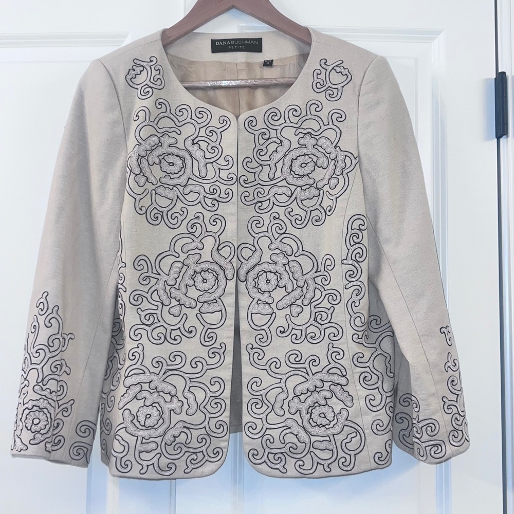 Dana Buchman Petite‎ Beige Linen Embroidered Floral Jacket Size 10P